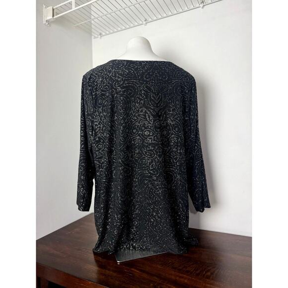 JM Collection Black, Sparkle Jacquard 3/4 Sleeve Blouse w/Detail on Neckline 3X - Picture 6 of 10